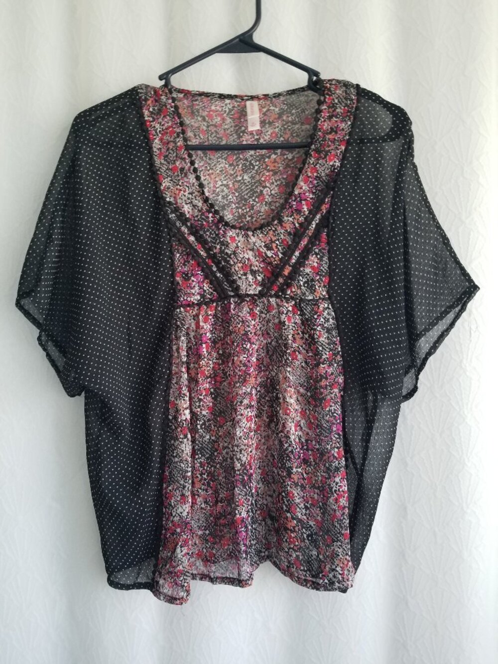 Sheer Floral Polka Dot Blouse Flowing Sleeves M